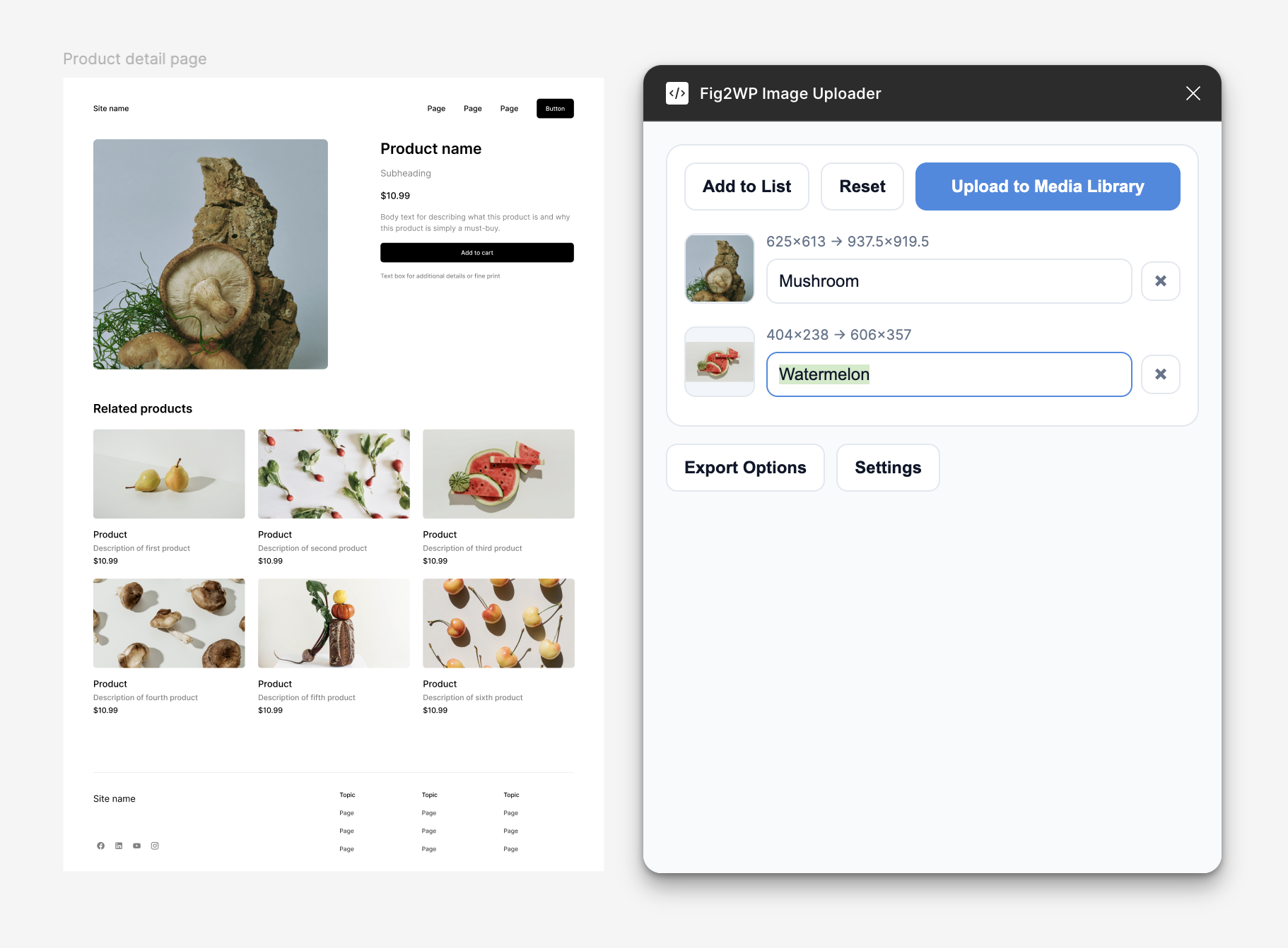 Selected image list with title and alt text